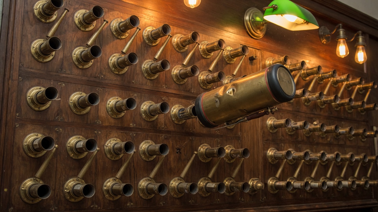 Walnut newsroom wall of brass pneumatic tube mouths